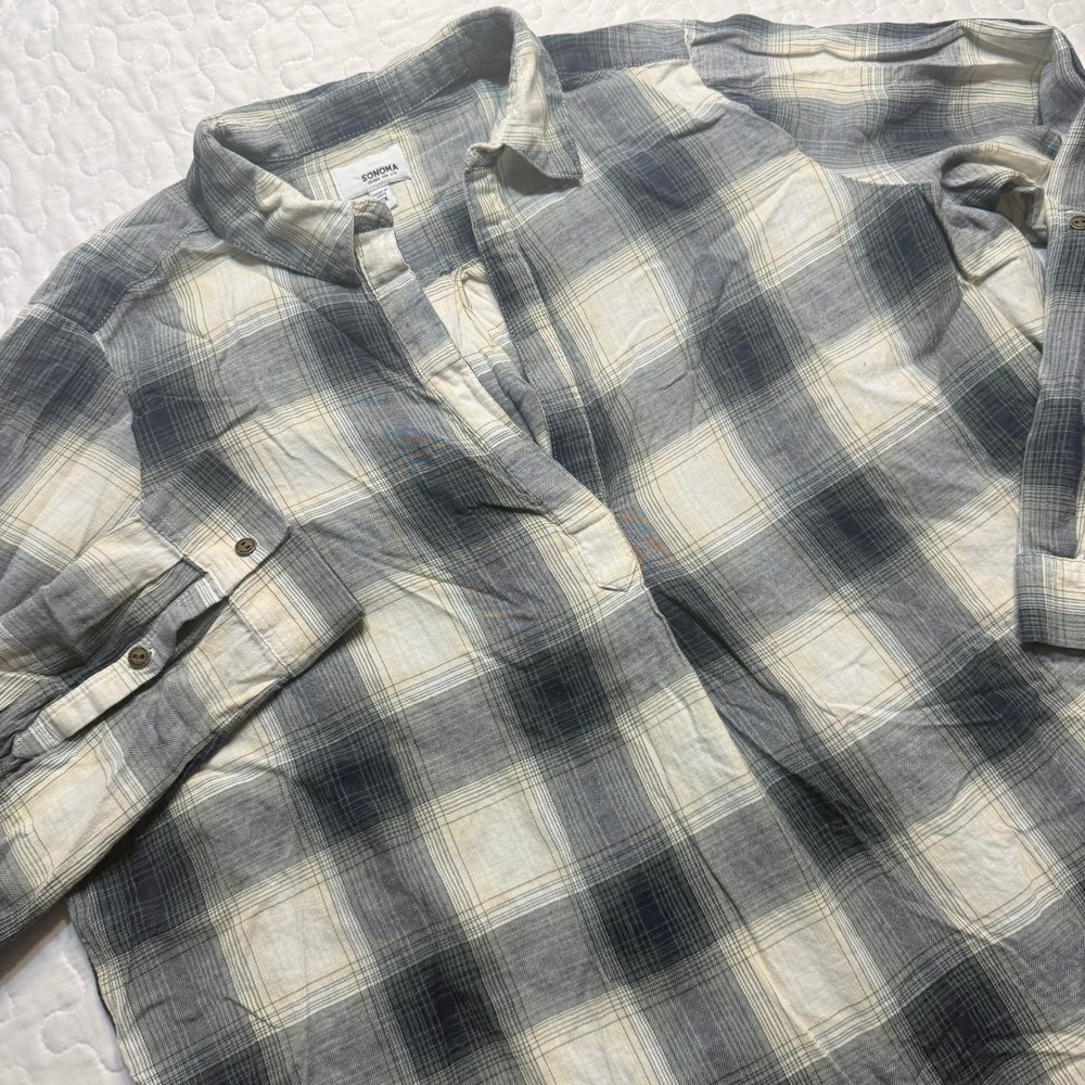 Sonoma Women 2X Tunic Top Plaid V-Neck Relaxed Fit COASTAL CABIN MINIMALIST COZY